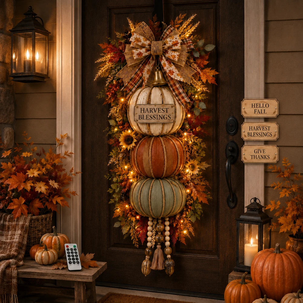 Fall pumpkin door decor with interchangeable signs