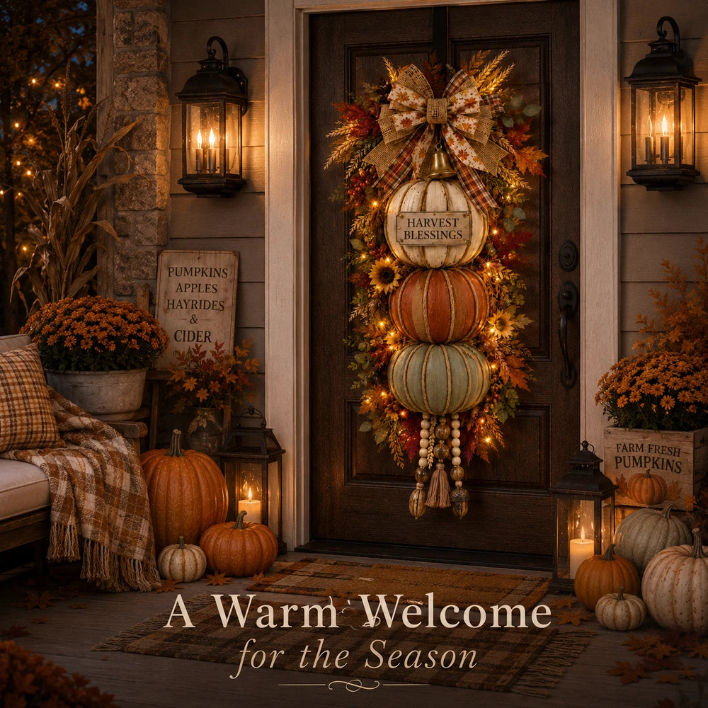 Lighted stacked pumpkin fall door decor