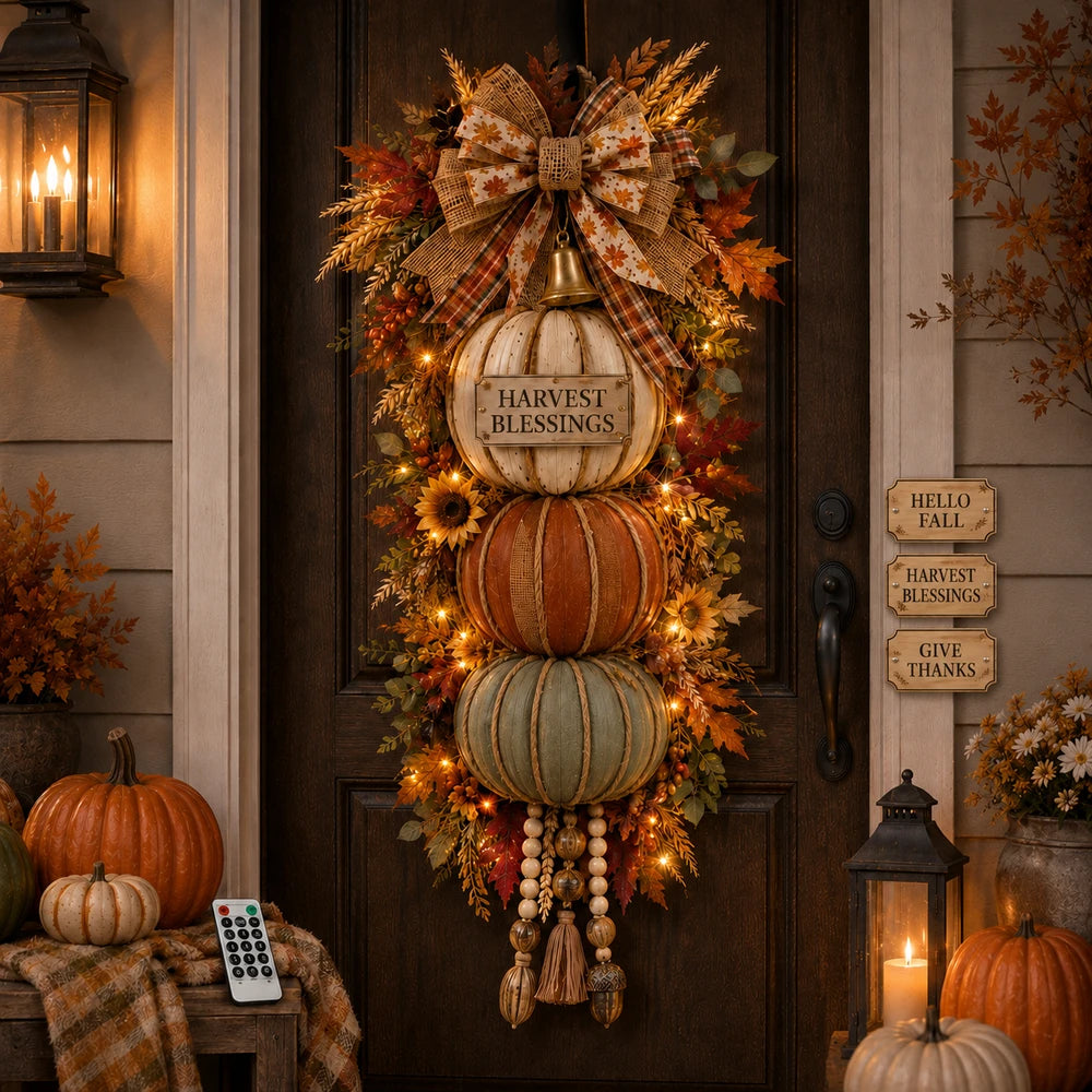 🏡🎃Lighted Stacked Pumpkin Fall Door Decor with 3 Seasonal Plaques