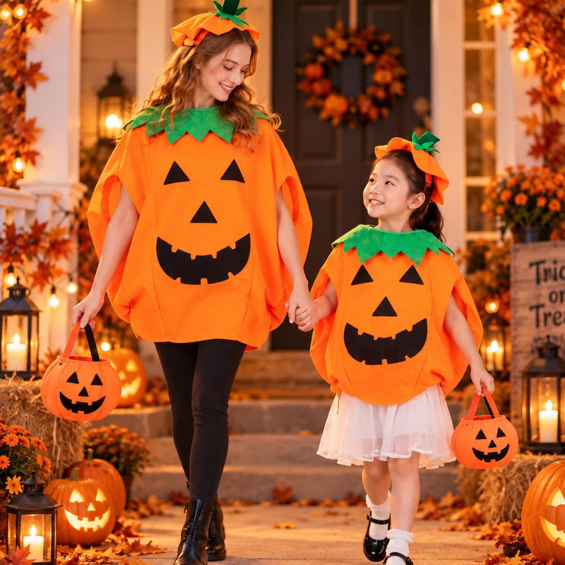 🎃 Pumpkin Pop-On Halloween Costume Set — Poncho &amp; Matching Hat | Kids &amp; Adults