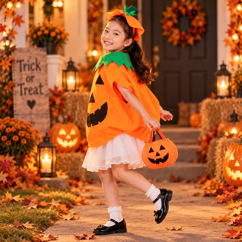 🎃 Pumpkin Pop-On Halloween Costume Set — Poncho &amp; Matching Hat | Kids &amp; Adults